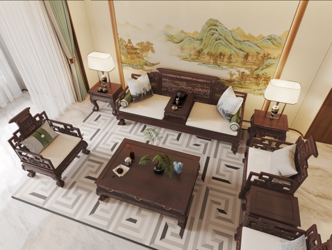  新中式客厅 客厅 实木沙发 中式沙发3d模型 