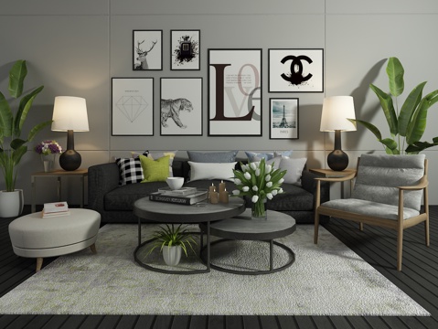  现代沙发 茶几 装饰画 单椅 绿植3d模型 