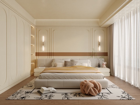  现代奶油风卧室3d模型 