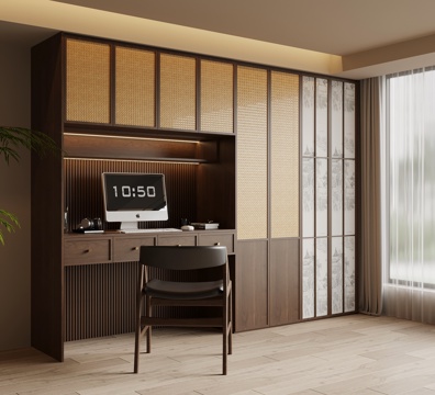 新中式衣柜 宋式风衣柜 书桌一体柜su模型