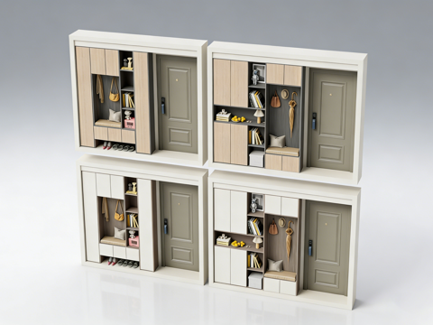 现代多功能玄关柜 带换鞋凳 到顶高柜 开放式书架 收纳su模型