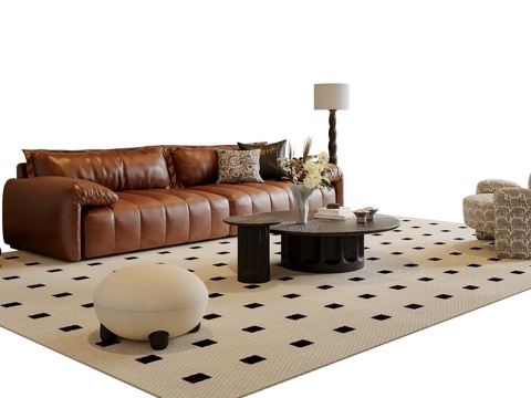 法式沙发茶几组合 多人沙发 休闲沙发 落地灯 地毯su模型