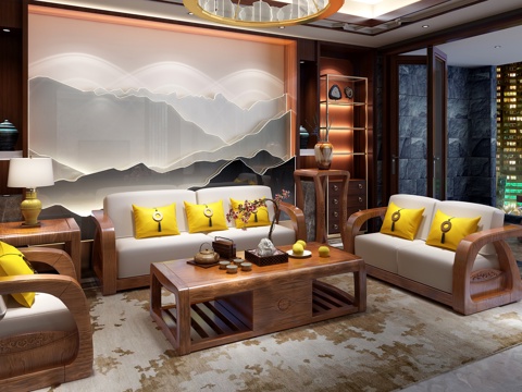  新中式沙发茶几组合3d模型 