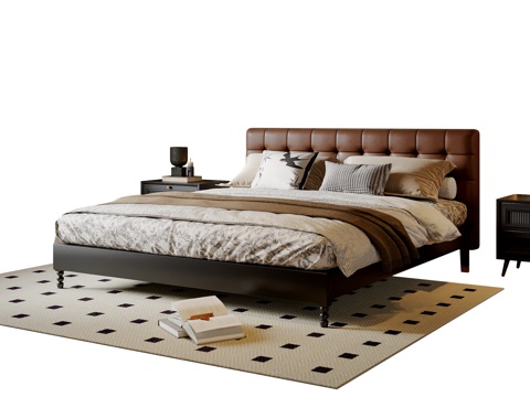  法式双人床 实木双人床 床头柜 吊灯 地毯3d模型 