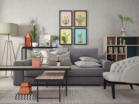  现代沙发 茶几 装饰画 单椅3d模型 