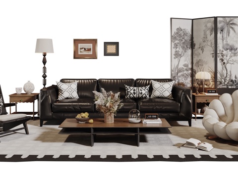 法式复古沙发组合 单人沙发 休闲椅 茶几 落地灯 装饰画su模型