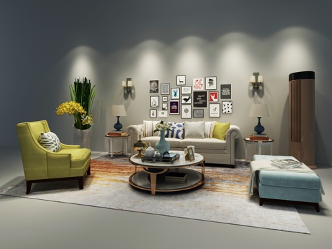  欧式简约沙发茶几装饰画3d模型 