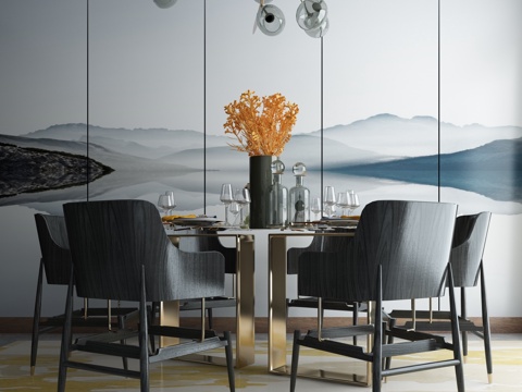  新中式餐桌椅 吊灯组合3d模型 