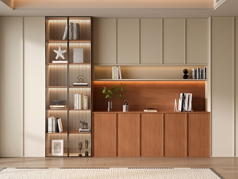 现代定制书柜 玻璃门书柜 开放格书柜su模型
