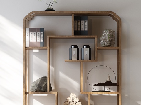  新中式博古架 宋氏博古架 宋氏边柜 新中式边柜 植物 书籍3d模型 