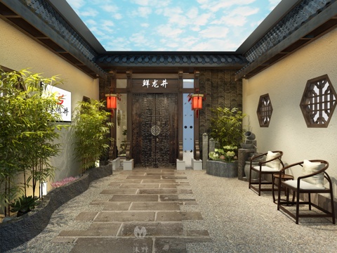  传统中式火锅店门厅 门 植物 座椅 装饰画 物件摆件3d模型 