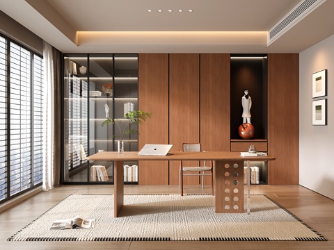  现代中古书房 书柜 书桌椅 雕塑3d模型 