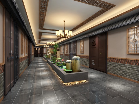  新中式火锅店过道3d模型 