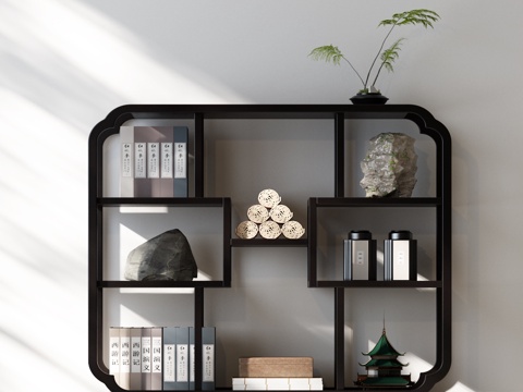  新中式博古架 宋氏博古架 宋氏边柜 新中式边柜 植物 书籍3d模型 