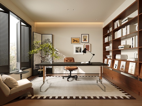  中古现代书房 开放式书柜 书桌椅su模型 