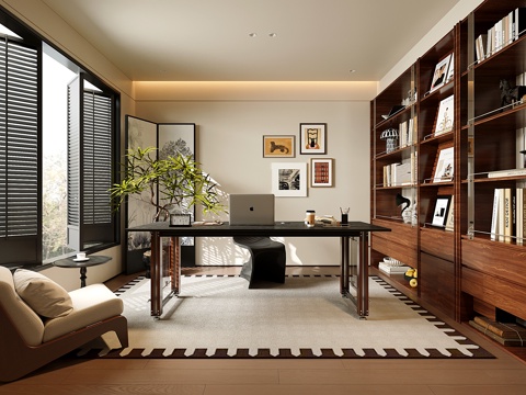  中古现代书房 开放式书柜 书桌椅su模型 