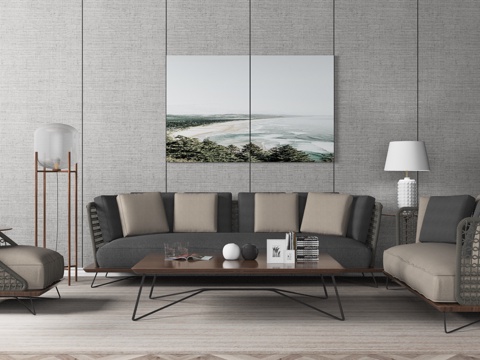  北欧沙发茶几台灯挂画组合3d模型 