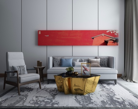  新中式沙发茶几组合 沙发 茶几 装饰画3d模型 