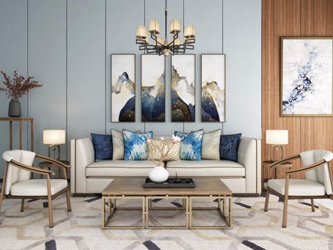  新中式沙发茶几吊灯装饰画地毯组合3d模型 