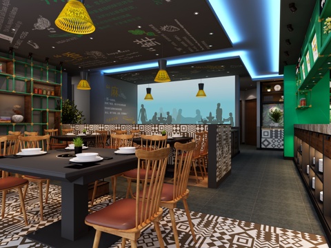  工业风火锅店餐厅3d模型 
