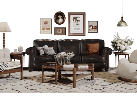  法式复古沙发组合 单人沙发 休闲椅 茶几 落地灯 装饰画su模型 