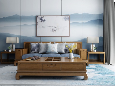  新中式实木茶几沙发背景墙3d模型 