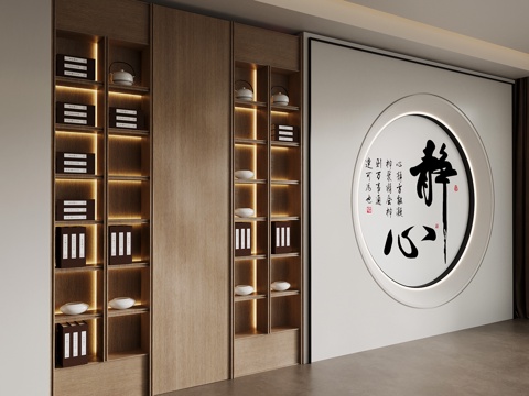  新中式茶柜 茶室背景墙3d模型 