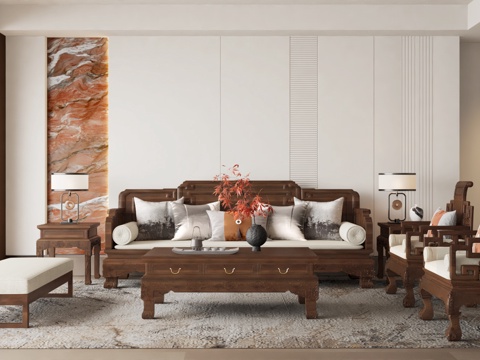 新中式客厅 沙发 实木沙发 中式沙发su模型