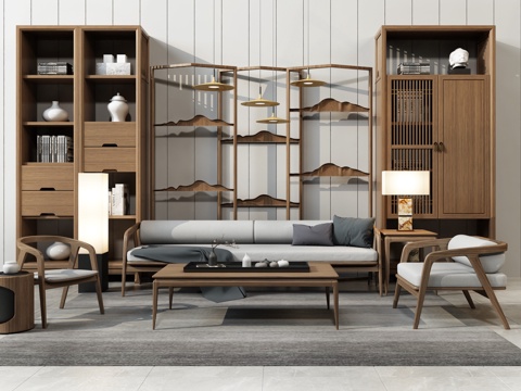  新中式沙发茶几书柜屏风3d模型 