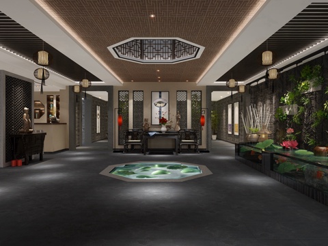  中式餐厅大厅 中岛3d模型 