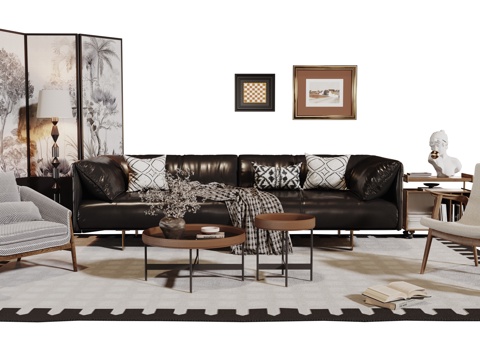  法式复古沙发组合 单人沙发 休闲椅 茶几 落地灯 装饰画su模型 