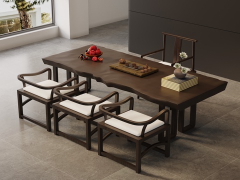 新中式茶桌椅 实木茶桌su模型