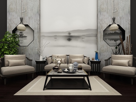  新中式沙发茶几组合3d模型 