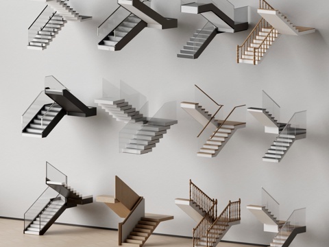  扶手楼梯 玻璃楼梯 实木围栏 楼梯3d模型 