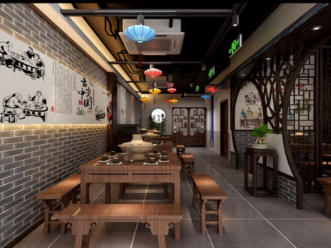 禅意中式火锅店3d模型 
