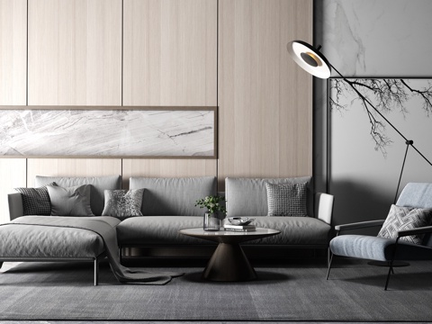  现代多人单人沙发茶几落地灯挂画饰品组合3d模型 