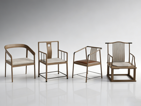 新中式实木餐椅 弧形圆形镂空 弯曲木条  太师单椅su模型