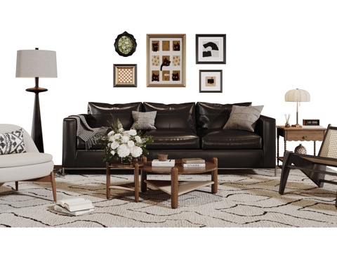  法式复古沙发组合 单人沙发 休闲椅 茶几 落地灯 装饰画su模型 