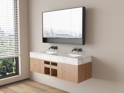 现代浴室柜  悬空浴室柜 镜柜su模型