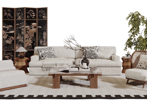  法式复古沙发组合 单人沙发 休闲椅 茶几 落地灯 装饰画su模型 