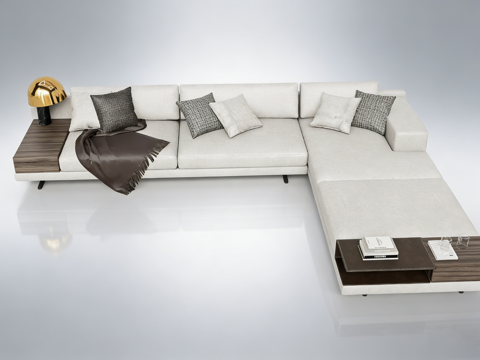 现代简约布艺L型沙发 米白色 含木质边几 金色台灯 抱枕毛毯su模型