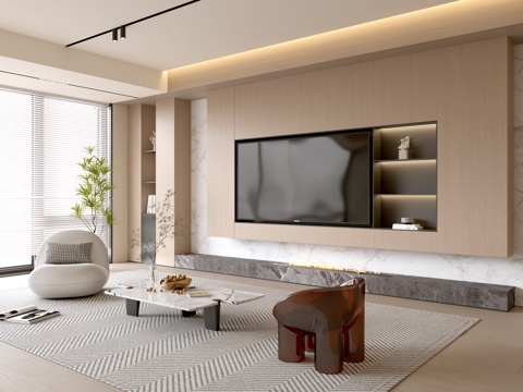  现代客厅 奶油客厅 电视背景墙 沙发茶几组合 奶油风背景墙3d模型 