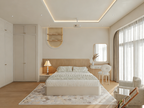  现代简约温馨风卧室 投影仪 拱形元素 木质格栅 书桌衣柜一体su模型 