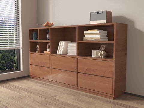 现代中古边柜 书柜 装饰架书籍摆件su模型