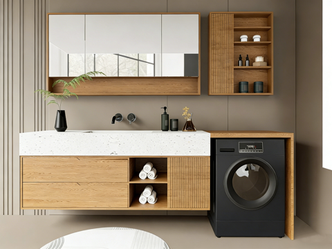 现代简约卫生间 悬挂式洗手台 木质镜柜 滚筒洗衣机 储物 原su模型