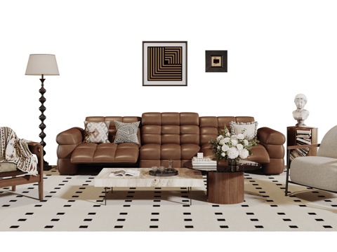 法式复古沙发组合 单人沙发 休闲椅 茶几 落地灯 装饰画su模型