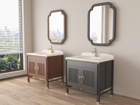  中古风浴室柜 落地浴室柜 镜子3d模型 