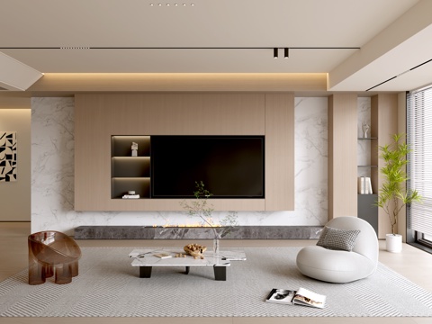  现代客厅 奶油客厅 电视背景墙 沙发茶几组合 奶油风背景墙3d模型 