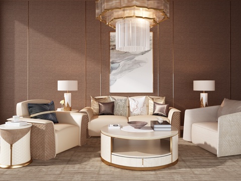  现代沙发 茶几 吊灯 挂画组合模型3d模型 