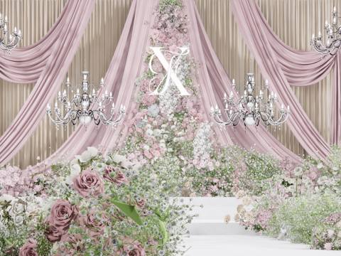 简约大气粉白布幔婚礼美陈花艺su模型
